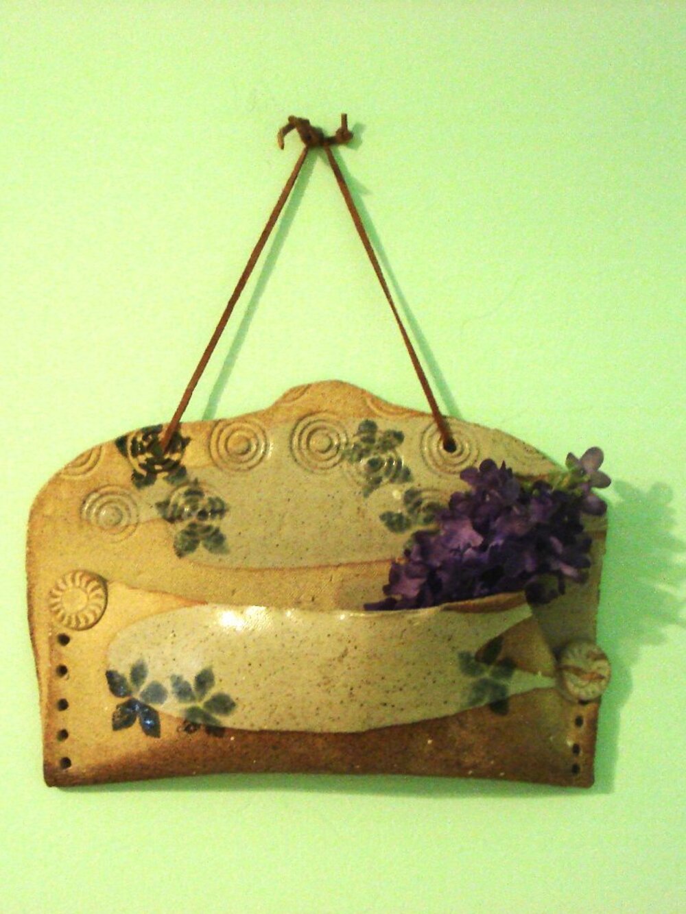 Vintage, Stoneware, Cobalt Blue Flowers, Wall Pocket